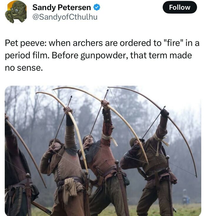 Tweet meme about archers firing arrows in period film, showcasing random memes that are entertaining and unhinged.
