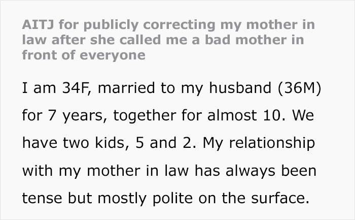Text excerpt about a woman publicly correcting her mother in law after being shamed in front of everyone.