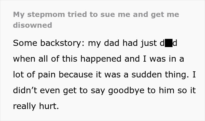 Text excerpt from a story about a stepmom trying to sue and disown her late husband's daughter after his death.