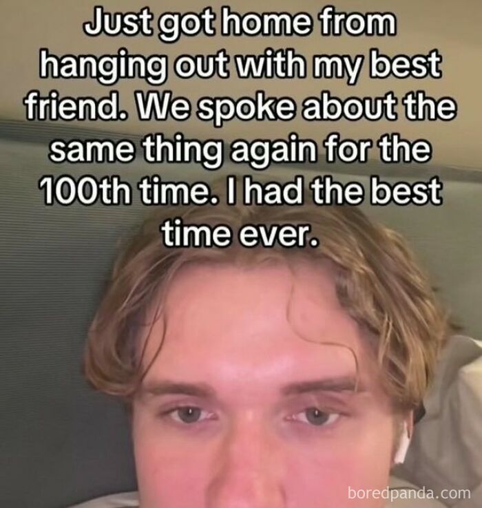 Young man with earbuds, caption about enjoying time hanging out with best friend, relatable random memes humor content.