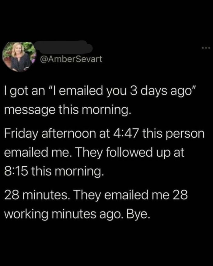 Twitter post humorously describing a frustrating email follow-up timing, part of random memes that are entertaining and unhinged.