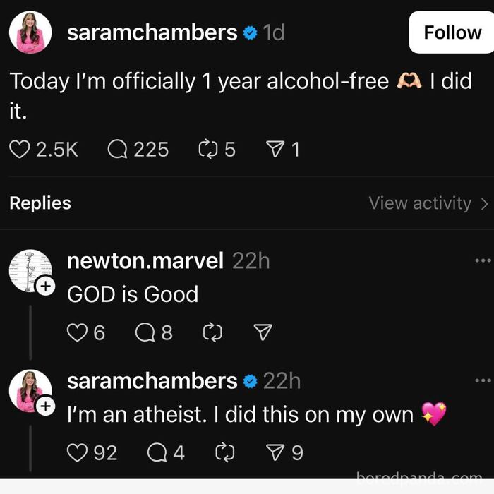 Screenshot of a social media exchange about celebrating one year alcohol-free, featuring entertaining and unhinged meme comments.