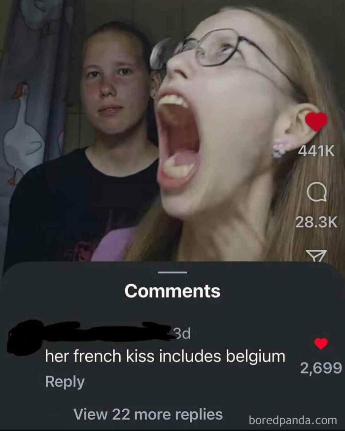 Two girls in a humorous viral video with a popular comment, featuring entertaining random memes on social media.