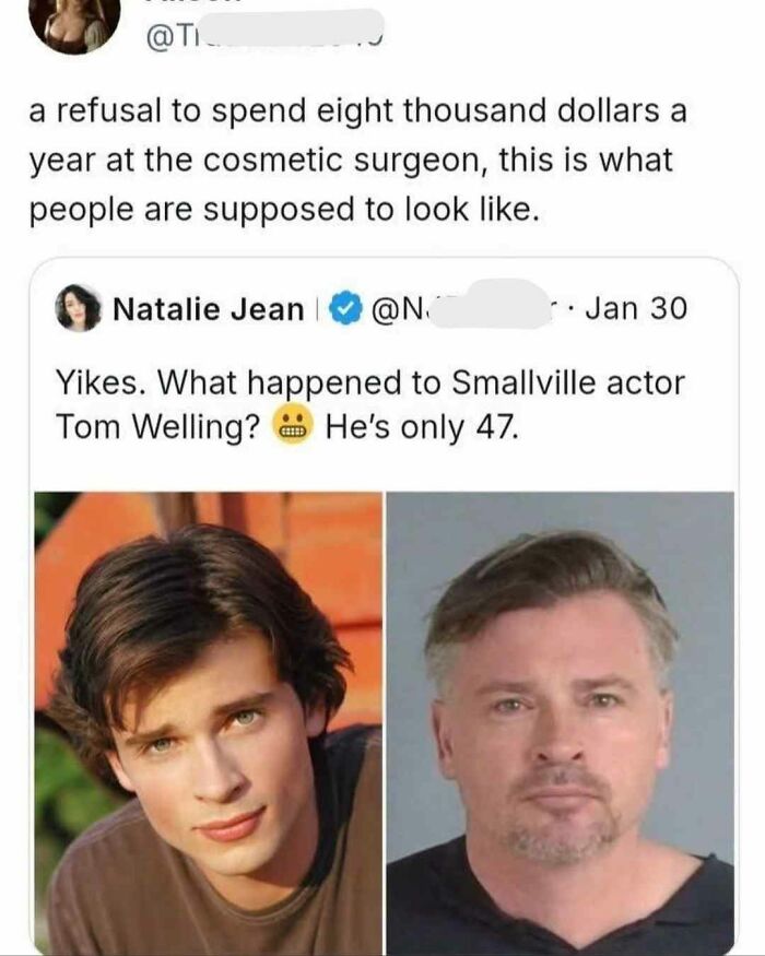 Social media meme comparing youthful and recent photos of Smallville actor Tom Welling, showcasing entertaining and unhinged random memes.