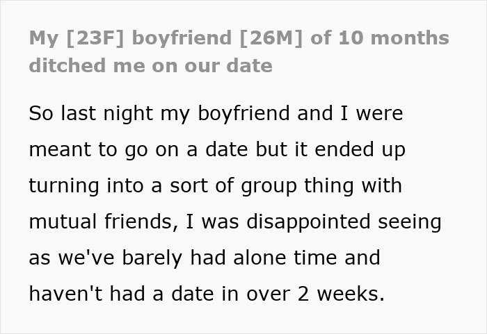 Text excerpt describing a girlfriend disappointed after boyfriend abandons their planned date night to go out with friends.