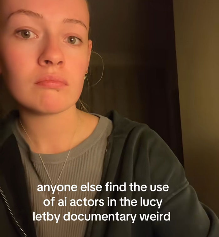 Person in casual clothing with hoop earring, reacting to AI actors used in Lucy Letby documentary on Netflix.
