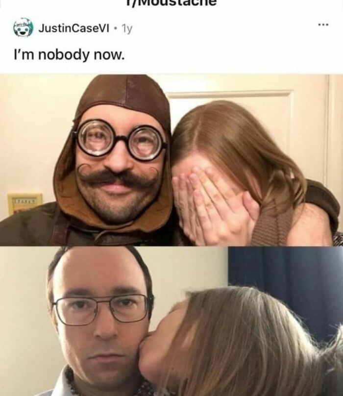 Two-panel random meme showing a man in a funny costume and the same man serious while being kissed, illustrating entertaining and unhinged humor.