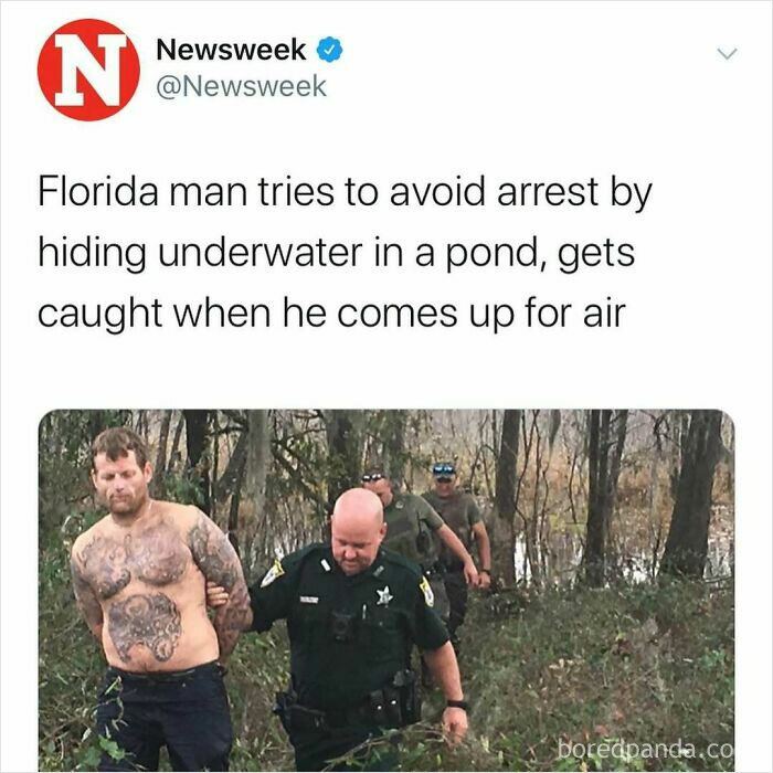 Tweet about a Florida man arrested after hiding underwater in a pond featured in unhinged news headlines in America.