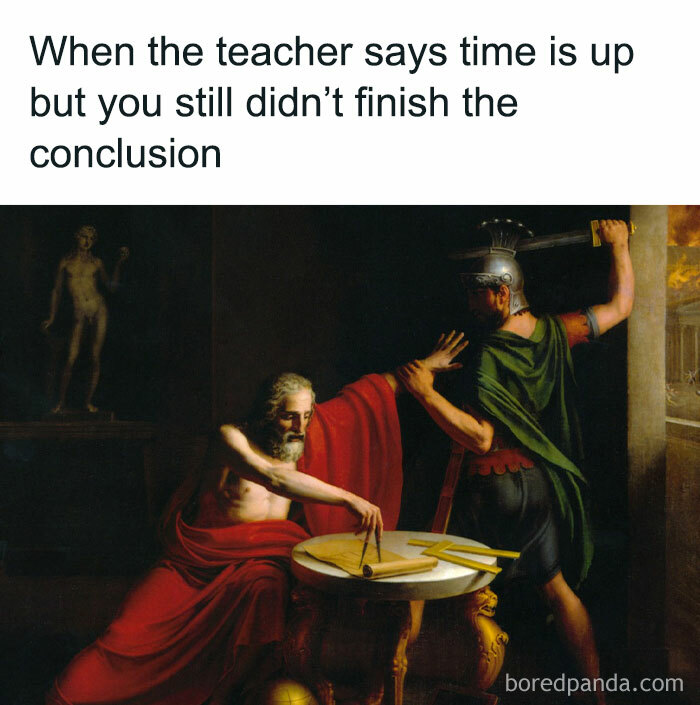 Classical art meme humor showing a man stopping another with a raised sword, blending modern humor with old paintings.