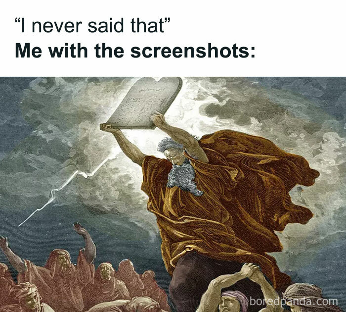 Classical art meme showing a figure holding tablets with humor combining modern screenshots and old paintings.