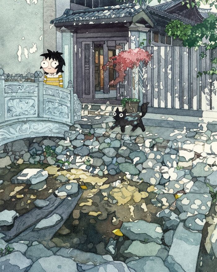 Watercolor painting of a black cat near a small bridge and a girl in a traditional Japanese setting, showcasing dreamy cat art.