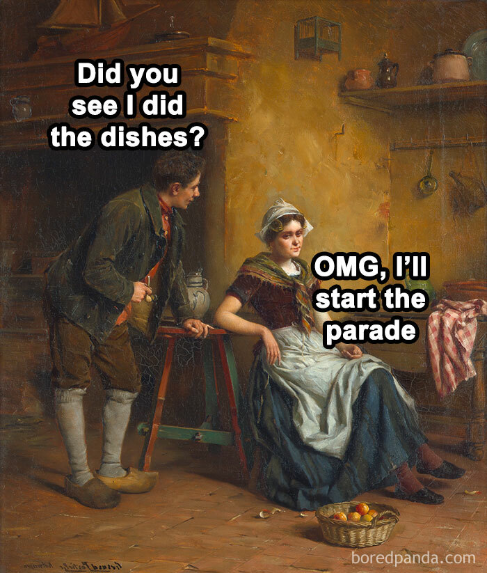 Classical painting with modern humor meme featuring a woman and man in a rustic interior discussing chores playfully.