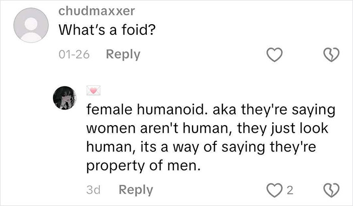 Screenshot of an online incel forum conversation discussing the derogatory term used for women in hostile online communities.