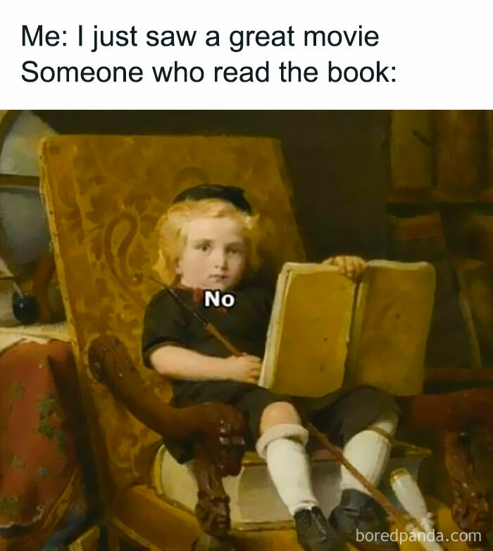 Child in classical painting holding a book with text meme combining modern humor and classical art.