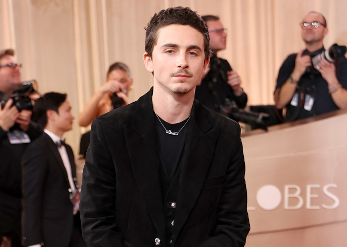 Timoth&eacute;e Chalamet dressed in black at an event, sparking conspiracy theories about his hotel appearance with Anamaria Vartolomei.