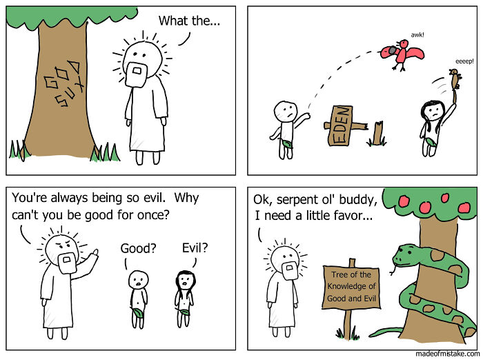 Minimalistic comics illustrating everyday observations with simple drawings and humor about good and evil debates.