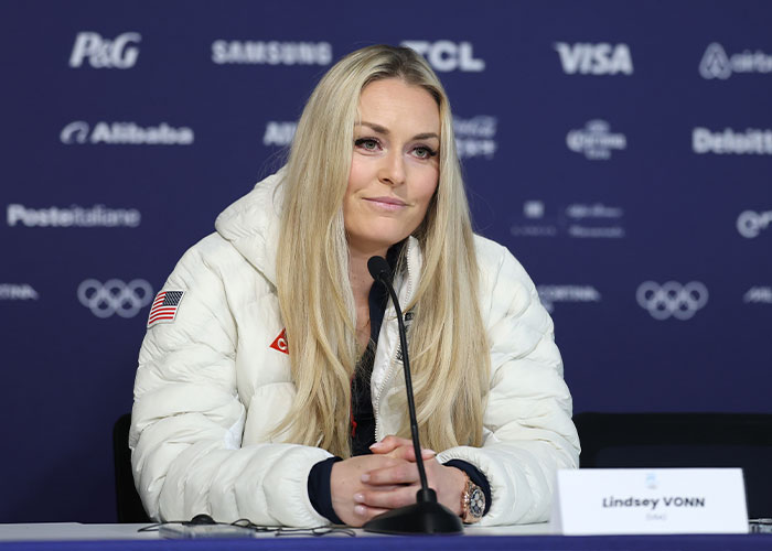 Lindsey Vonn at a press conference discussing details behind her ICU stay after Winter Olympics crash.