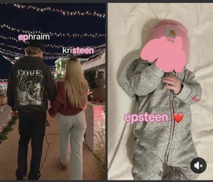 Couple holding hands under string lights next to a baby in cozy outfit, a hilarious meme with a hint of cynicism.