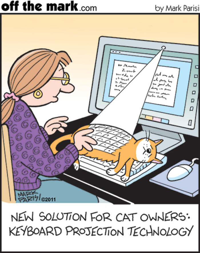Woman using keyboard projection technology with a cat lying on the keyboard in a comic about technology and internet life.