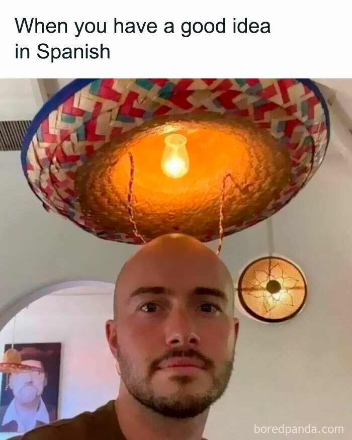 Man wearing a sombrero-shaped light fixture on his head, featured in random entertaining unhinged memes.