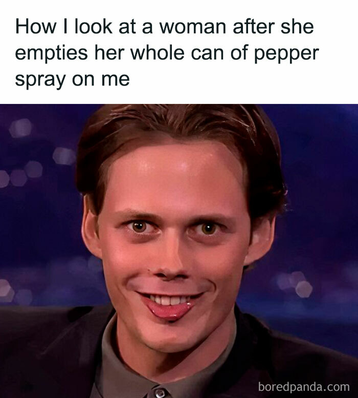 Man making a goofy face in a meme representing entertaining and unhinged reactions to pepper spray.