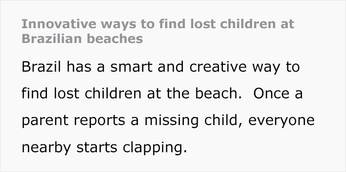 Text explaining an effective way to deal with lost children at beaches in Brazil involving clapping when a child is reported missing.