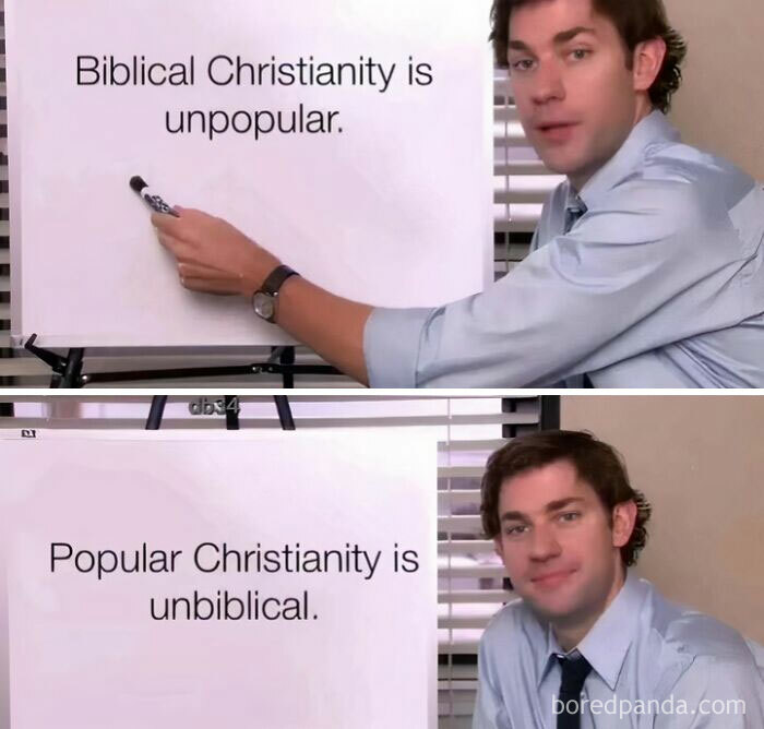 Man in office pointing at whiteboard with meme text about biblical and popular Christianity, relatable memes humor concept.