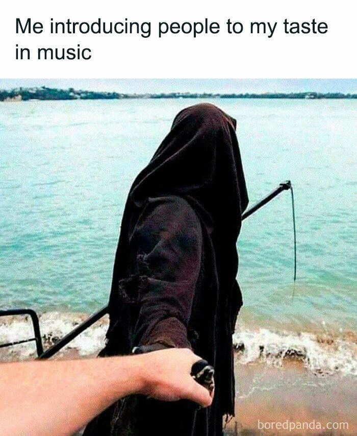 Person dressed as grim reaper holding hand of another person near water, illustrating relatable memes about music taste.