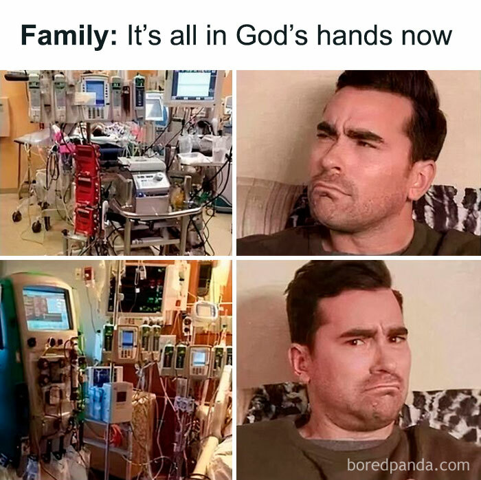 Relatable memes showing skeptical man reacting to hospital machines with medical equipment and funny expressions.