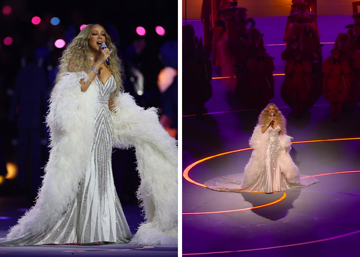 Singer performing in a dazzling white gown with feathered sleeves at the 2026 Winter Olympics wildest bizarre moments.