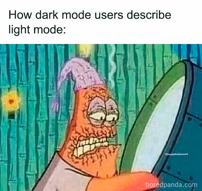 Memes showing a tired character struggling with bright light, illustrating humorous dark mode vs light mode contrast.