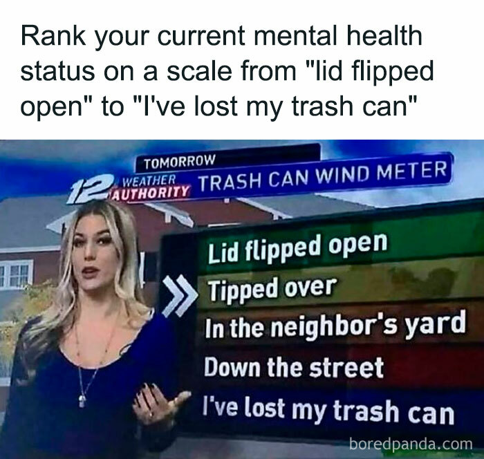 TV weather reporter presenting a humorous trash can wind meter meme related to mental health status rankings.