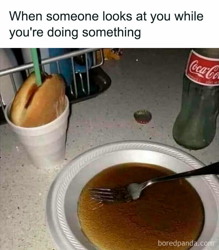 Funny meme showing a sandwich in a cup with a straw and a fork in a bowl of syrup, capturing hilarious moments.