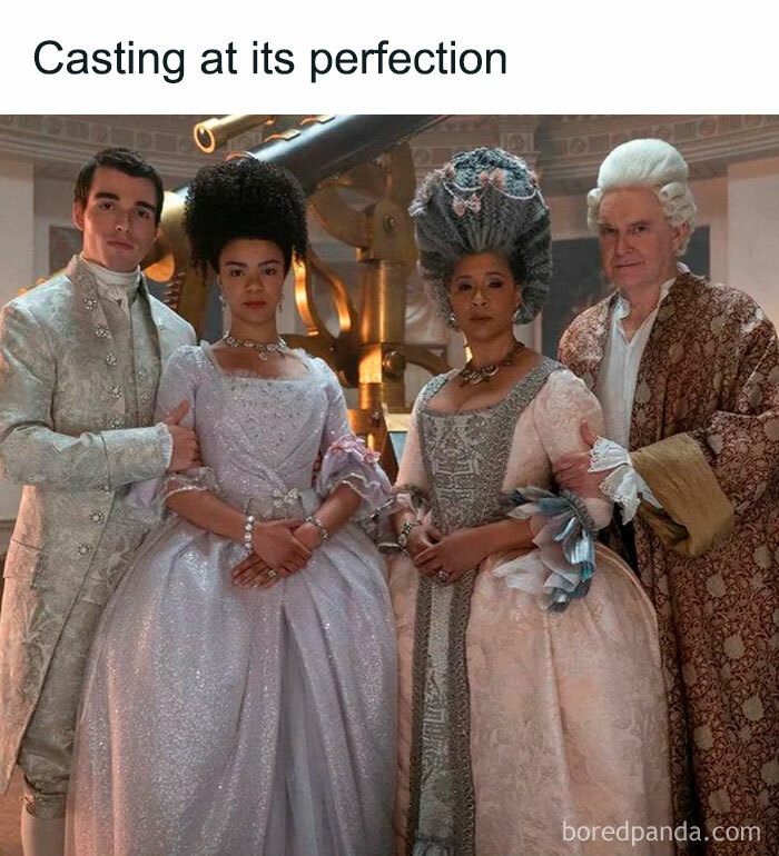 Four Bridgerton cast members in period costumes posing together with text casting at its perfection above.