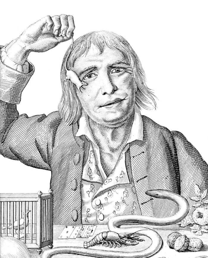 Black and white illustration of Tarrare, history's hungriest man, holding a small animal with unusual food items on the table.