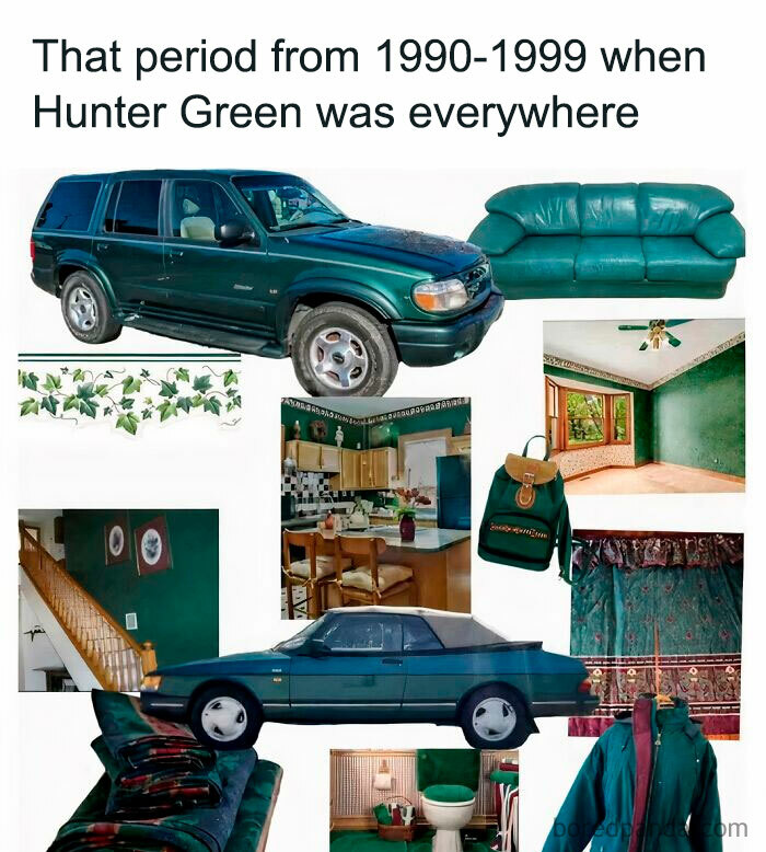 Collage of hunter green cars, furniture, home decor, and clothing from the 90s childhood memories and funny posts.