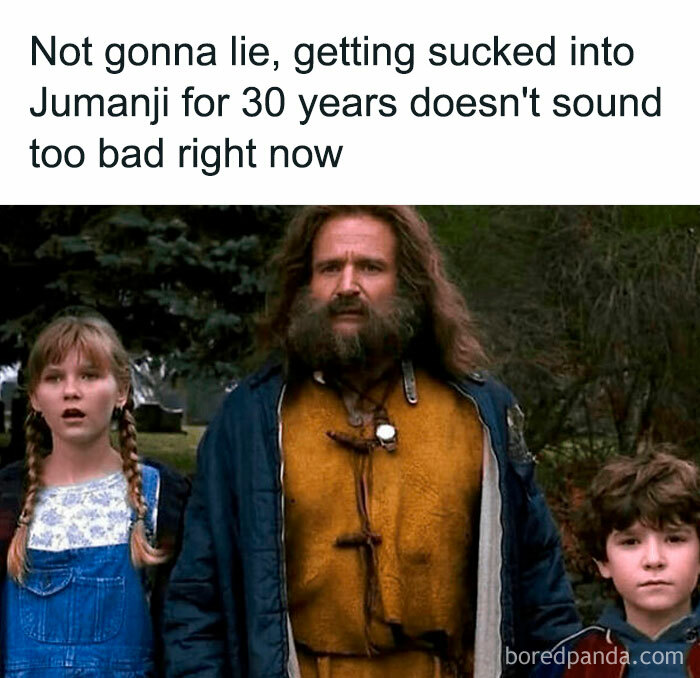 Scene from '90s movie Jumanji with three characters, paired with a funny ’90s meme about nostalgic childhood memories.
