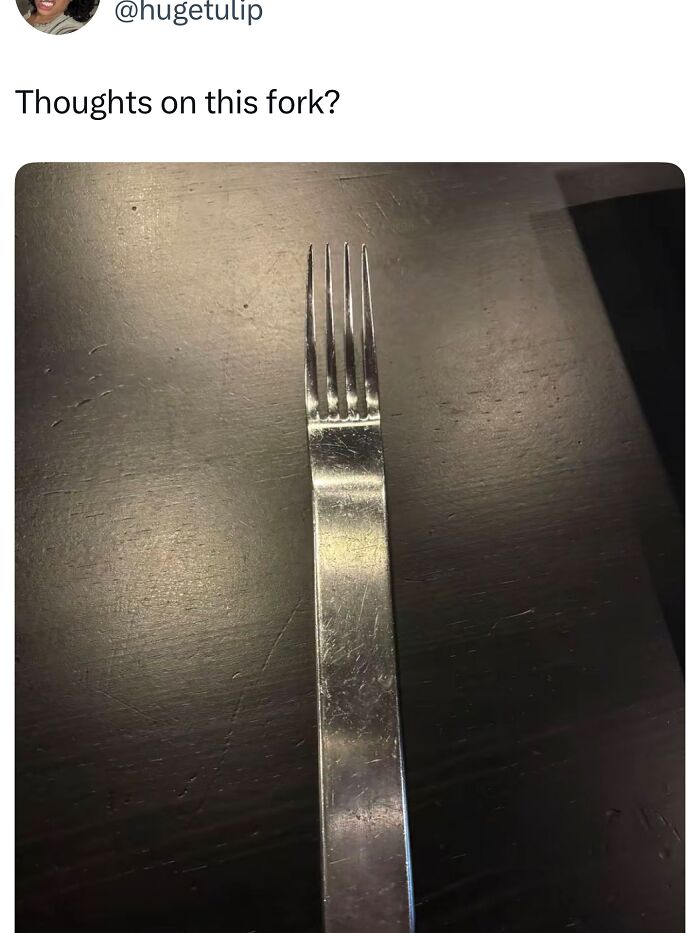 Fork with an unusually wide, flat handle and four prongs placed on a dark wooden surface in a random meme post