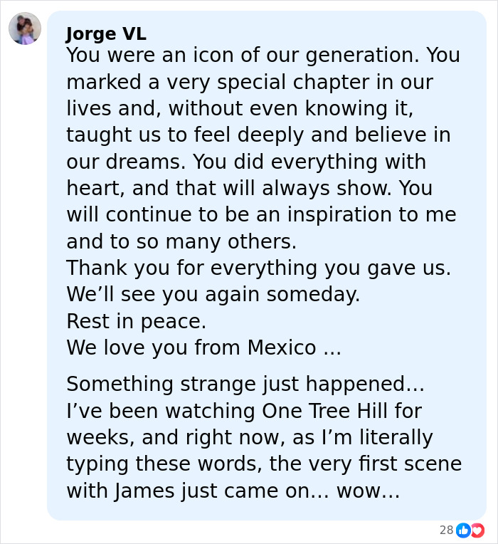 Comment expressing deep admiration and mourning for James Van Der Beek, star of Dawson's Creek, from a fan in Mexico.