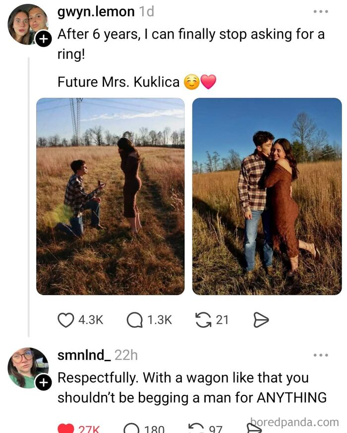 Couple in a field with man proposing, featured in entertaining and unhinged random memes post.