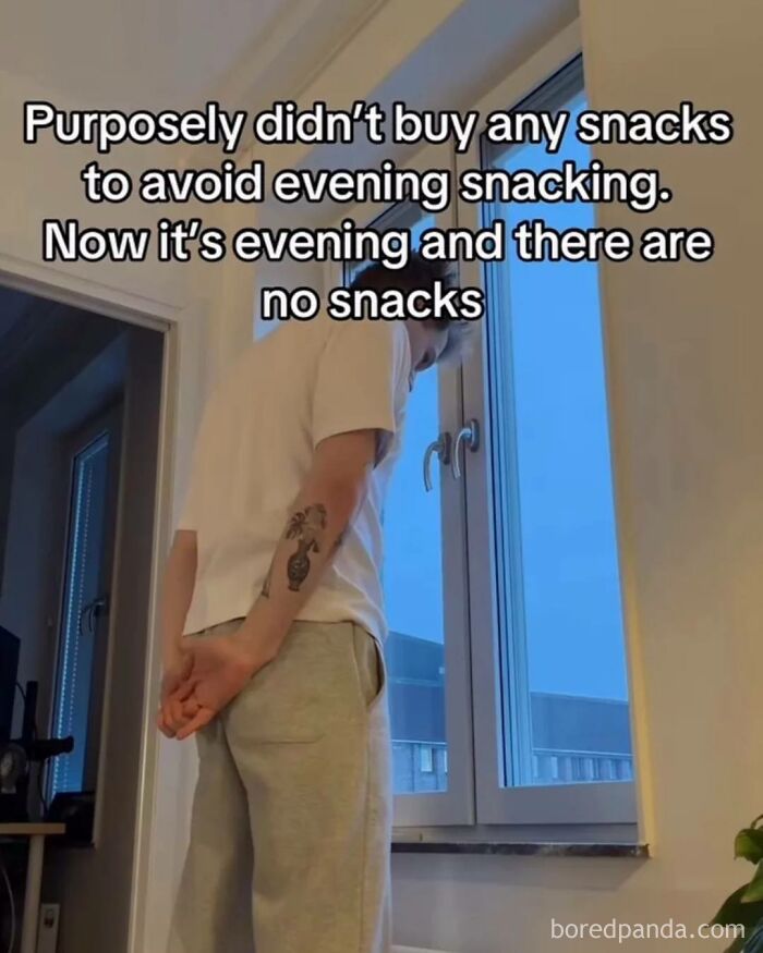 Person looking out the window reflecting on snacks, a relatable moment from random memes entertaining with unhinged humor.