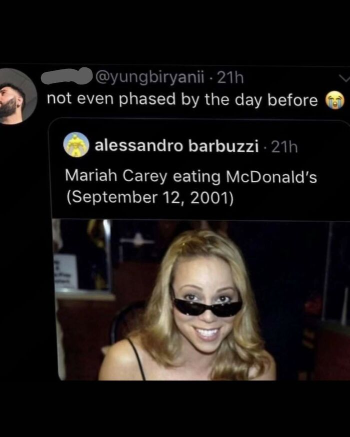Screenshot of a random meme featuring a tweet about Mariah Carey eating McDonald's, showcasing entertaining unhinged humor.
