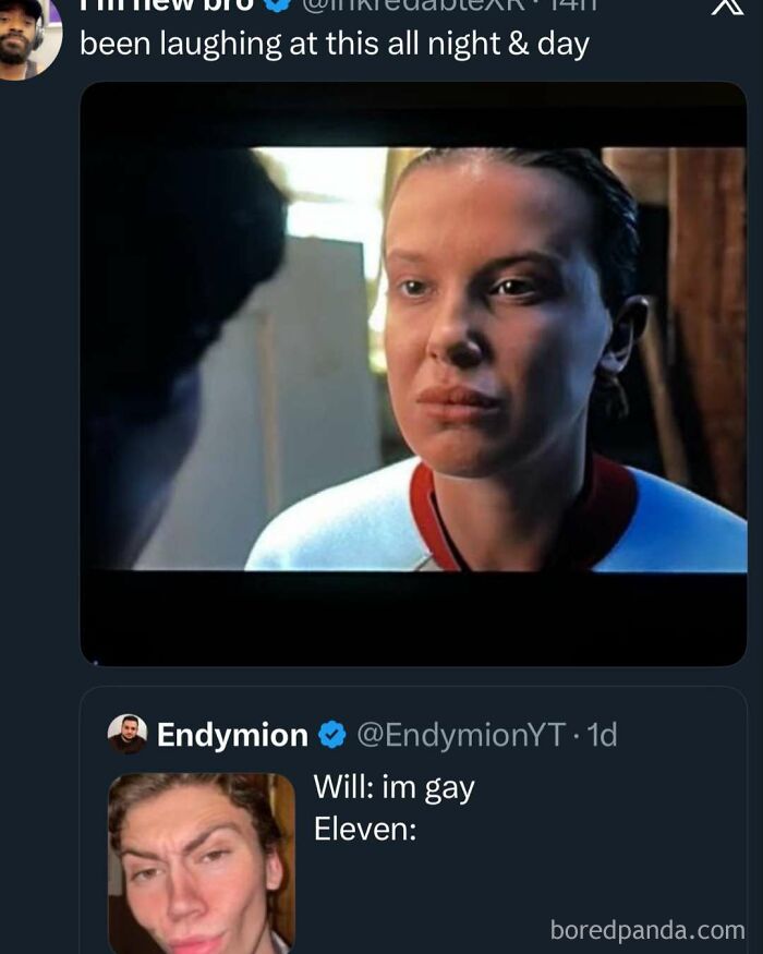 Screenshot of a meme tweet featuring a serious Eleven from Stranger Things, part of entertaining unhinged memes.