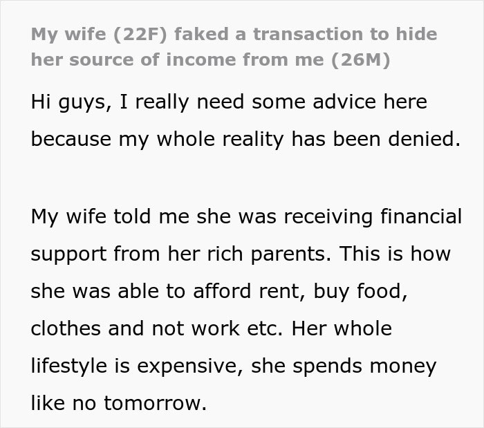 Text excerpt from post about wife faking a transaction to hide income source and financial support from husband.