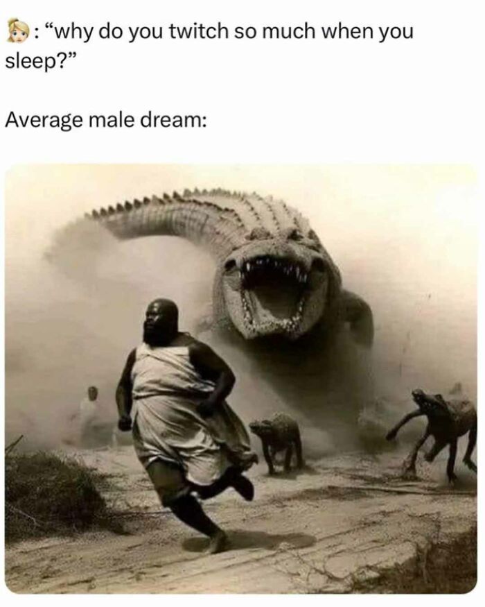 Man running from giant crocodile in a surreal scene, illustrating a random meme from entertaining and unhinged content.