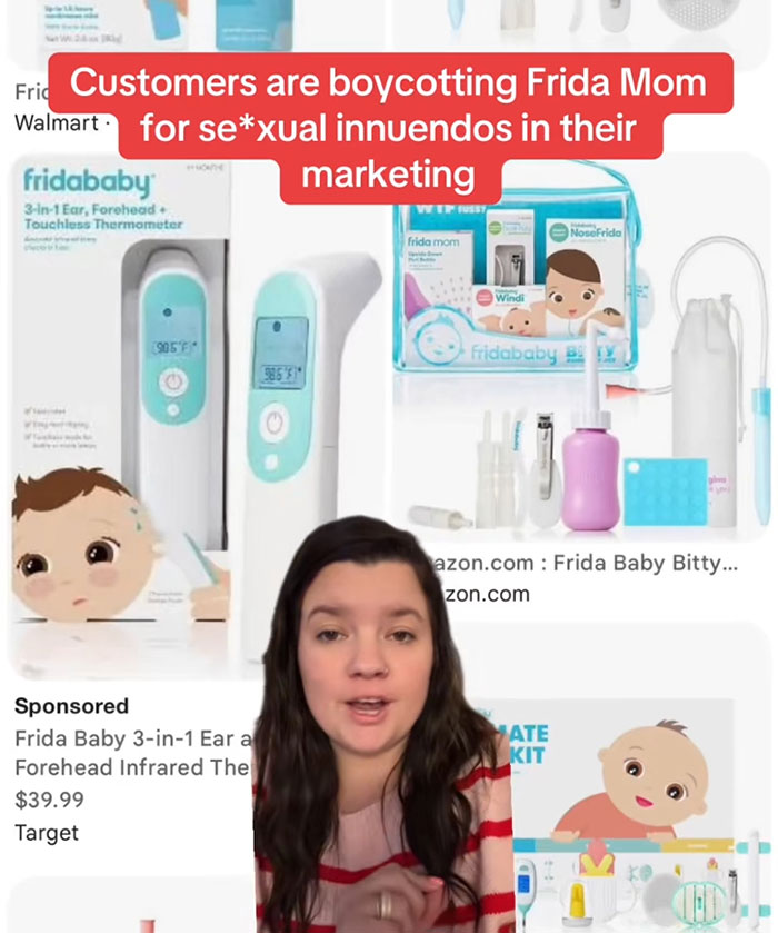 Woman discussing Frida Mom products amid controversy over inappropriate marketing causing online backlash.