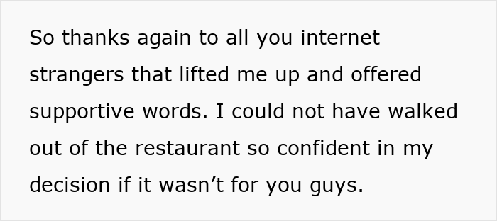 Text on a screen expressing gratitude to internet strangers for support after confronting a drunk boyfriend acting like a jerk.