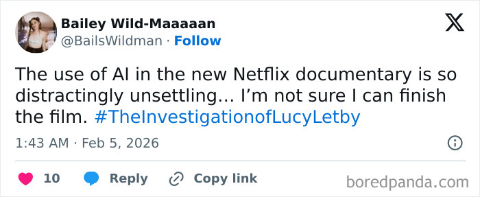 Tweet discussing how Netflix faces backlash for making the Lucy Letby documentary hard to watch due to creative choices.