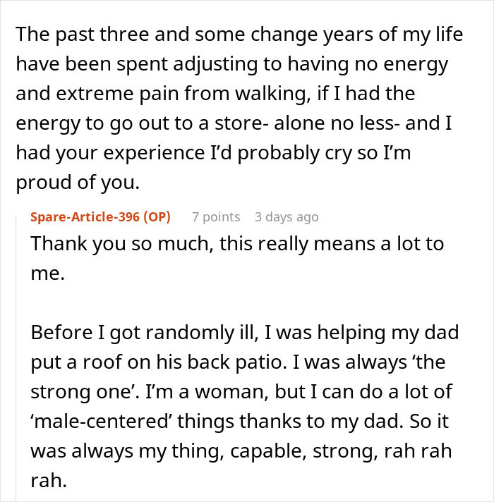 Text conversation showing a person describing struggles with pain and energy related to handicapped spot drama.