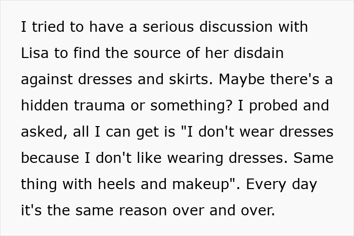Text discussing a guy struggling to understand why his girlfriend refuses to wear dresses or skirts, repeating her reasons.